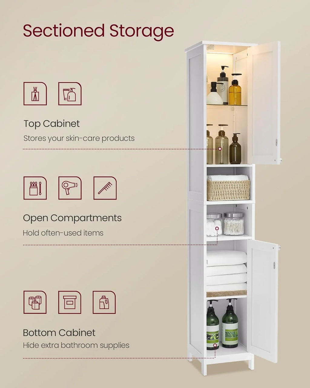 Cloud White Tall Bathroom Storage Cabinet with Adjustable Shelves L718