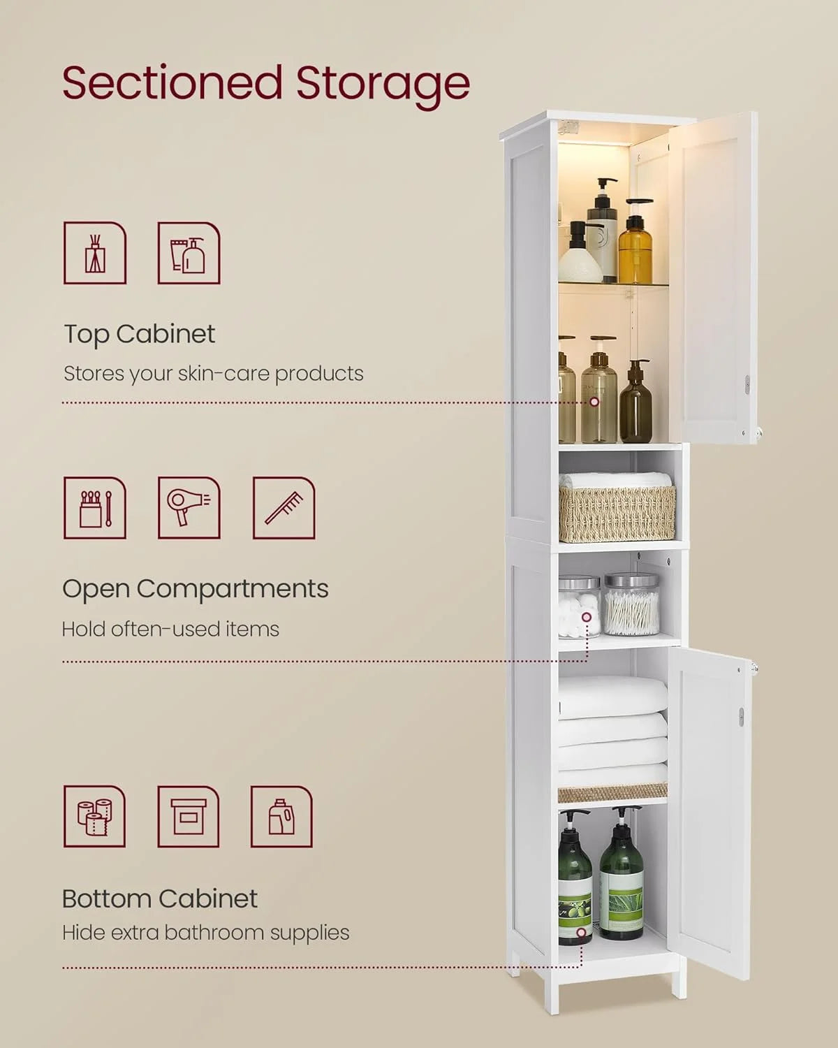 Cloud White Tall Bathroom Storage Cabinet with Adjustable Shelves L718