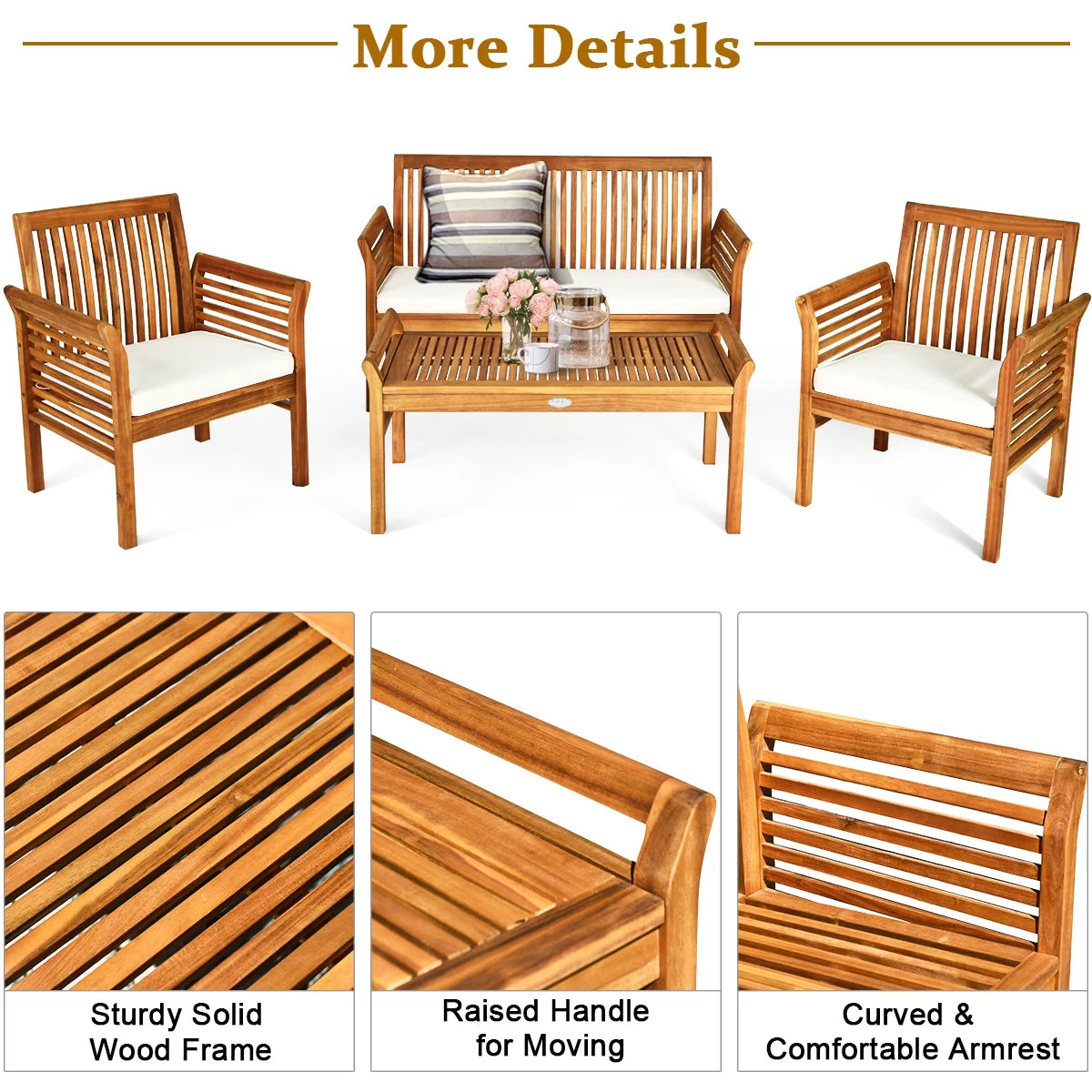 4 PCS Acacia Wood Cushioned Sofa Set F619