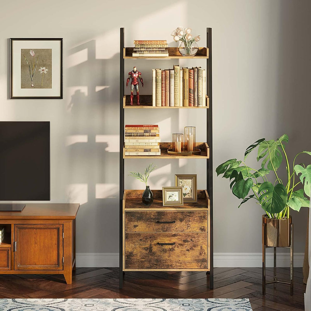 4 Tier Wood Ladder Shelf with 2 Drawers J239