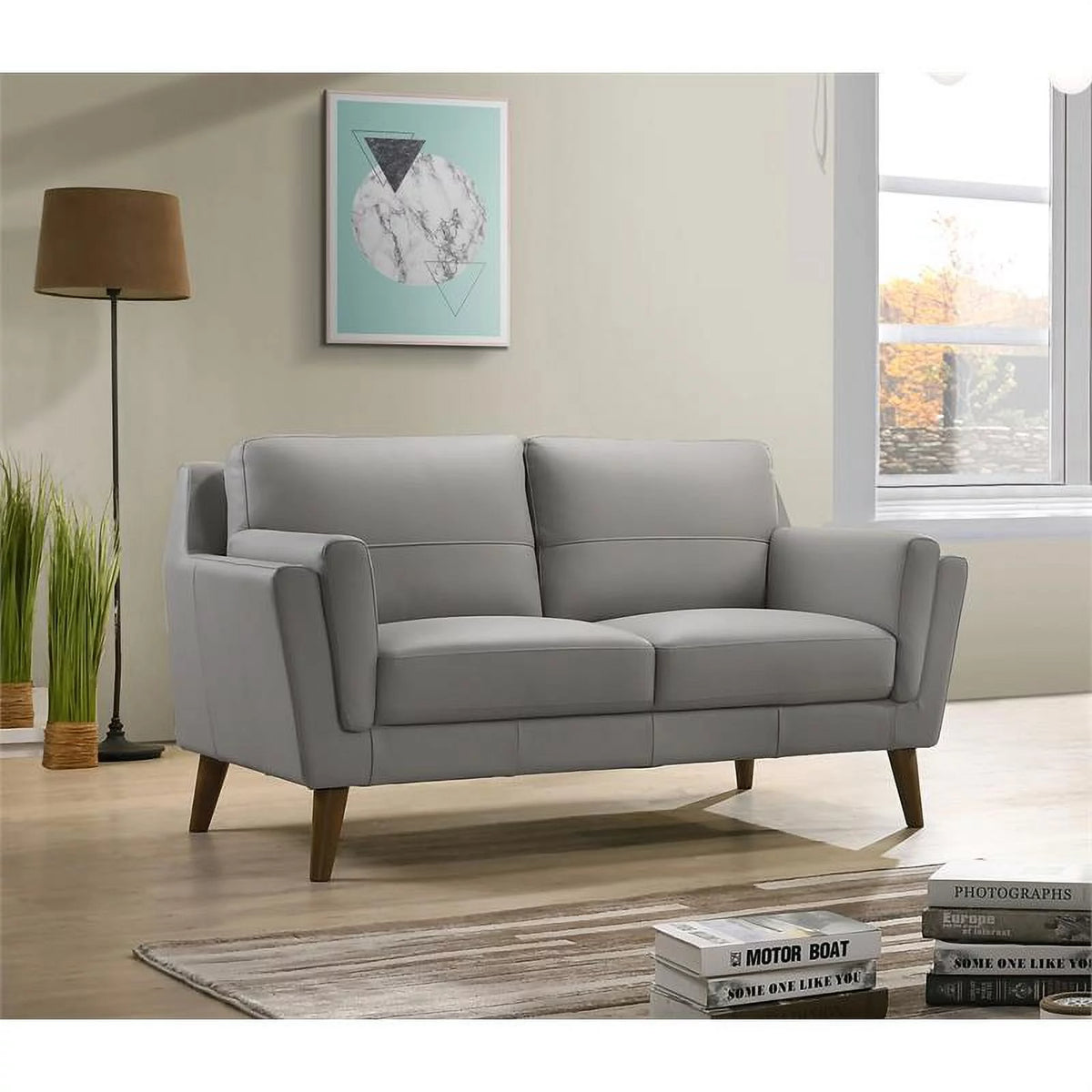 Light Gray Solid Wood Leather Match Loveseat and Sofa I56799