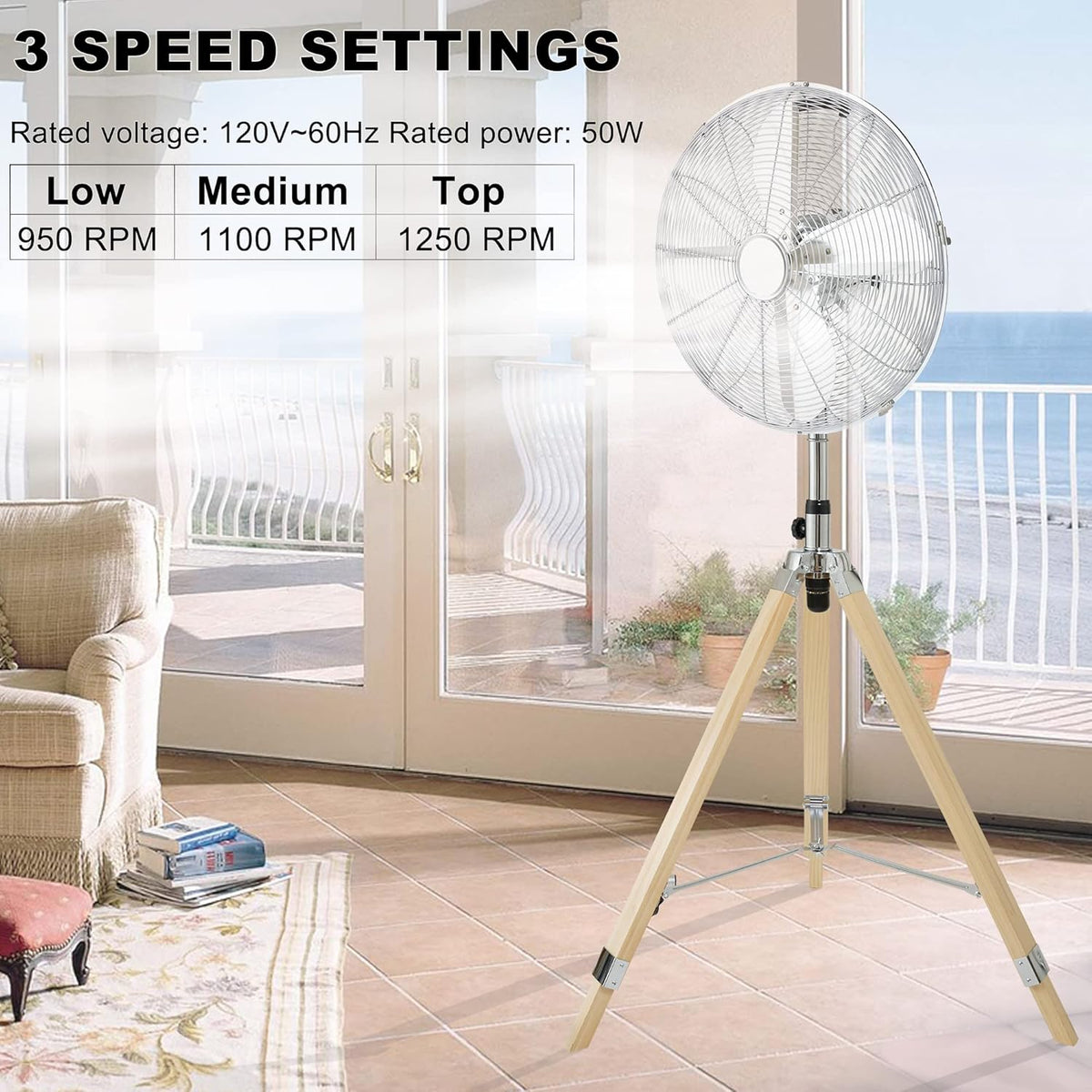 16 Inch Retro Tripod Fan, 3 Speeds, Adjustable Height O936