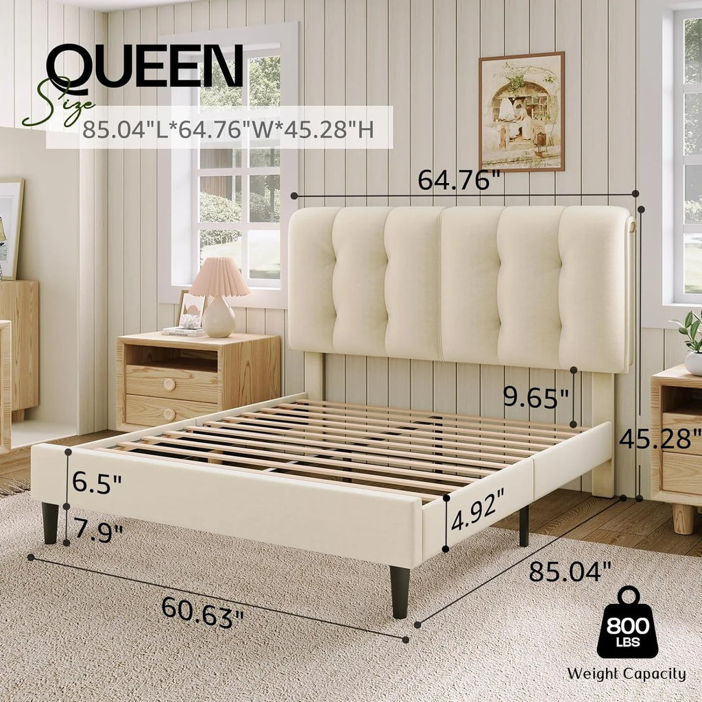 Queen Velvet Upholstered Platform Bed with Adjustable Headboard K9342