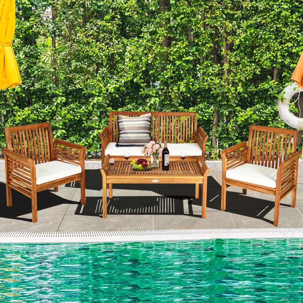 4 PCS Acacia Wood Cushioned Sofa Set F619
