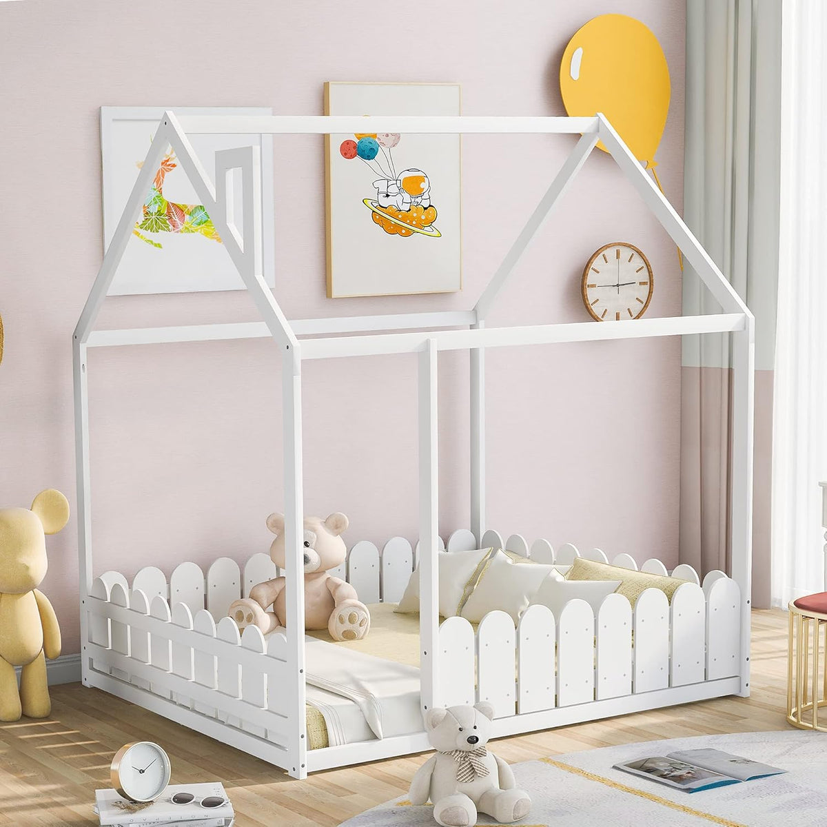 Twin Size Wooden House Bed with Trundle and Roof F6368