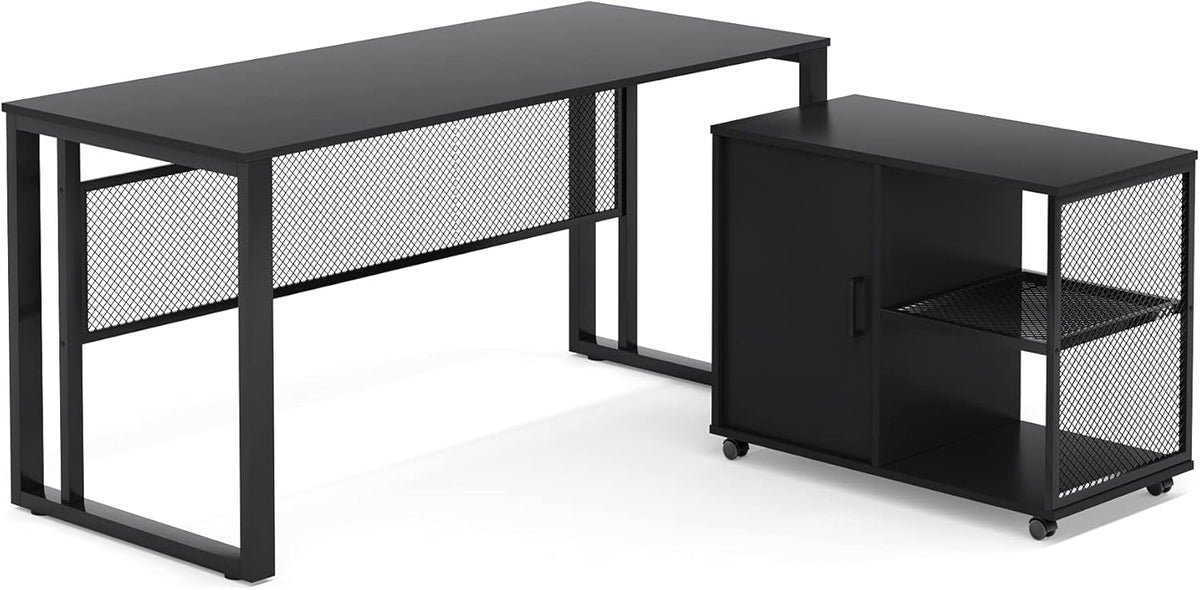 Black 55 inch L-Shaped Computer Desk with File Cabinet A336