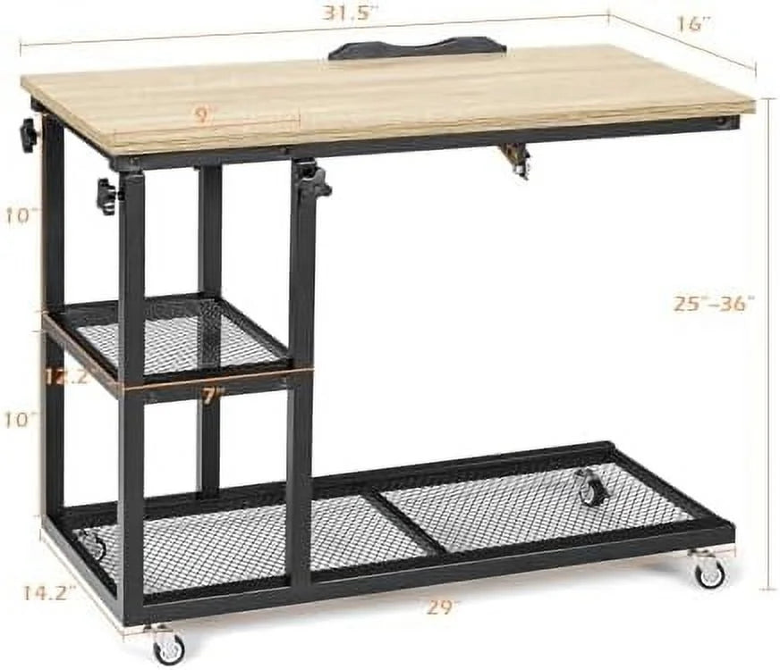 Height Adjustable C Shaped End Table with Wheels and Shelves L435025