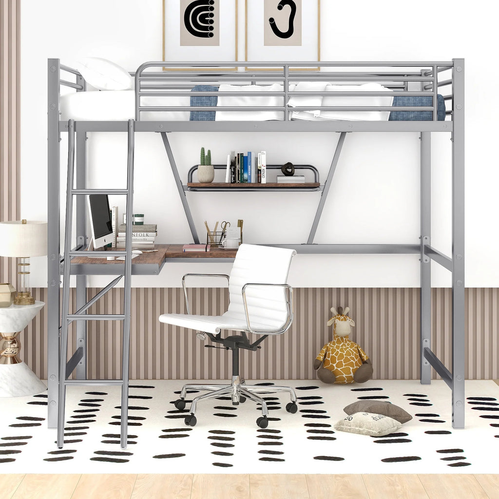 Twin Size Metal Loft Bed with Desk and Storage Shelf D85876