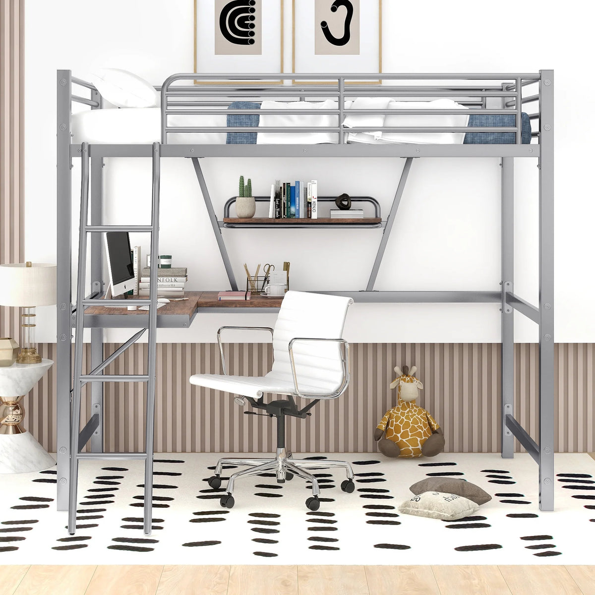 Twin Size Metal Loft Bed with Desk and Storage Shelf D85876