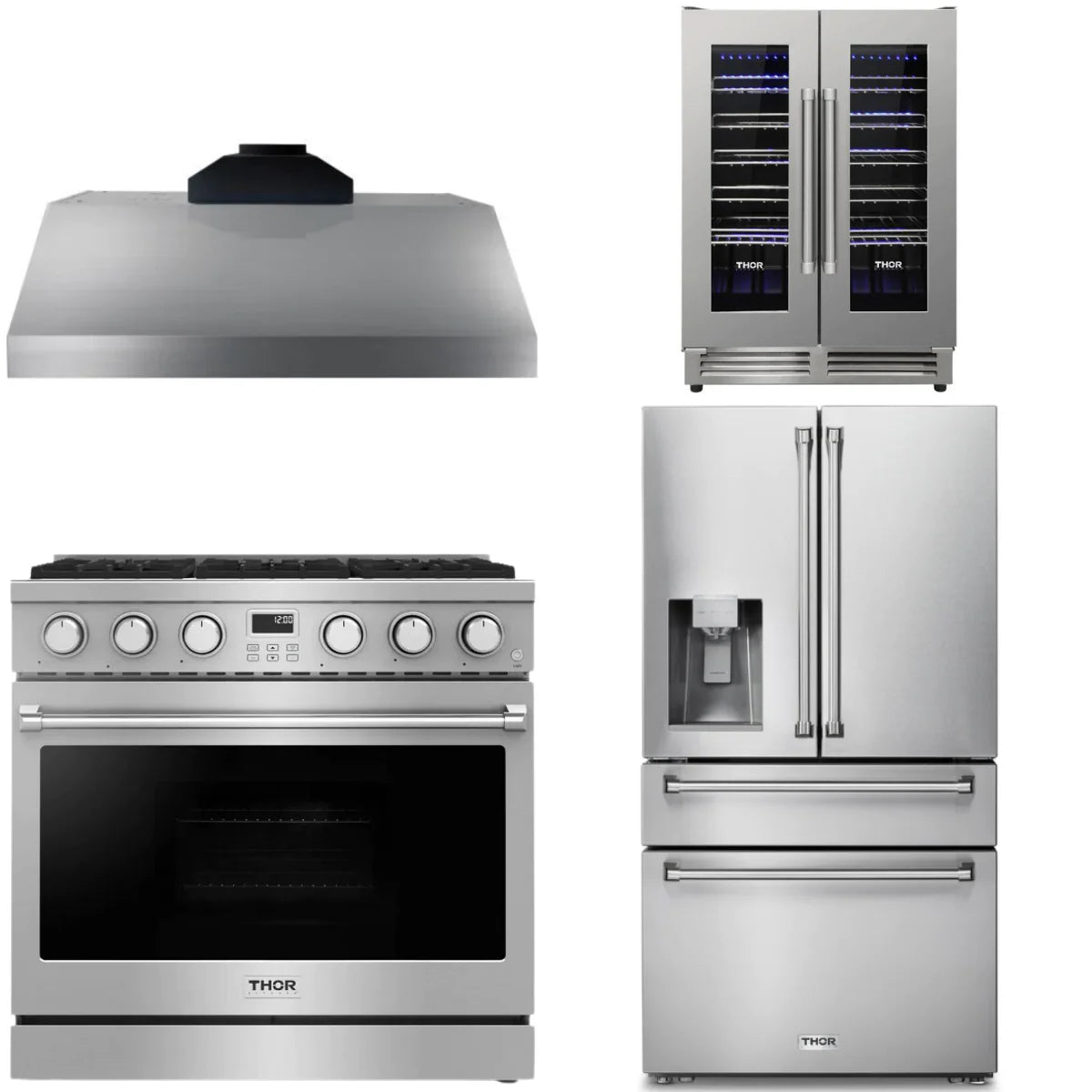 36 Gas Range, Range Hood, Refrigerator and Wine Cooler A650575