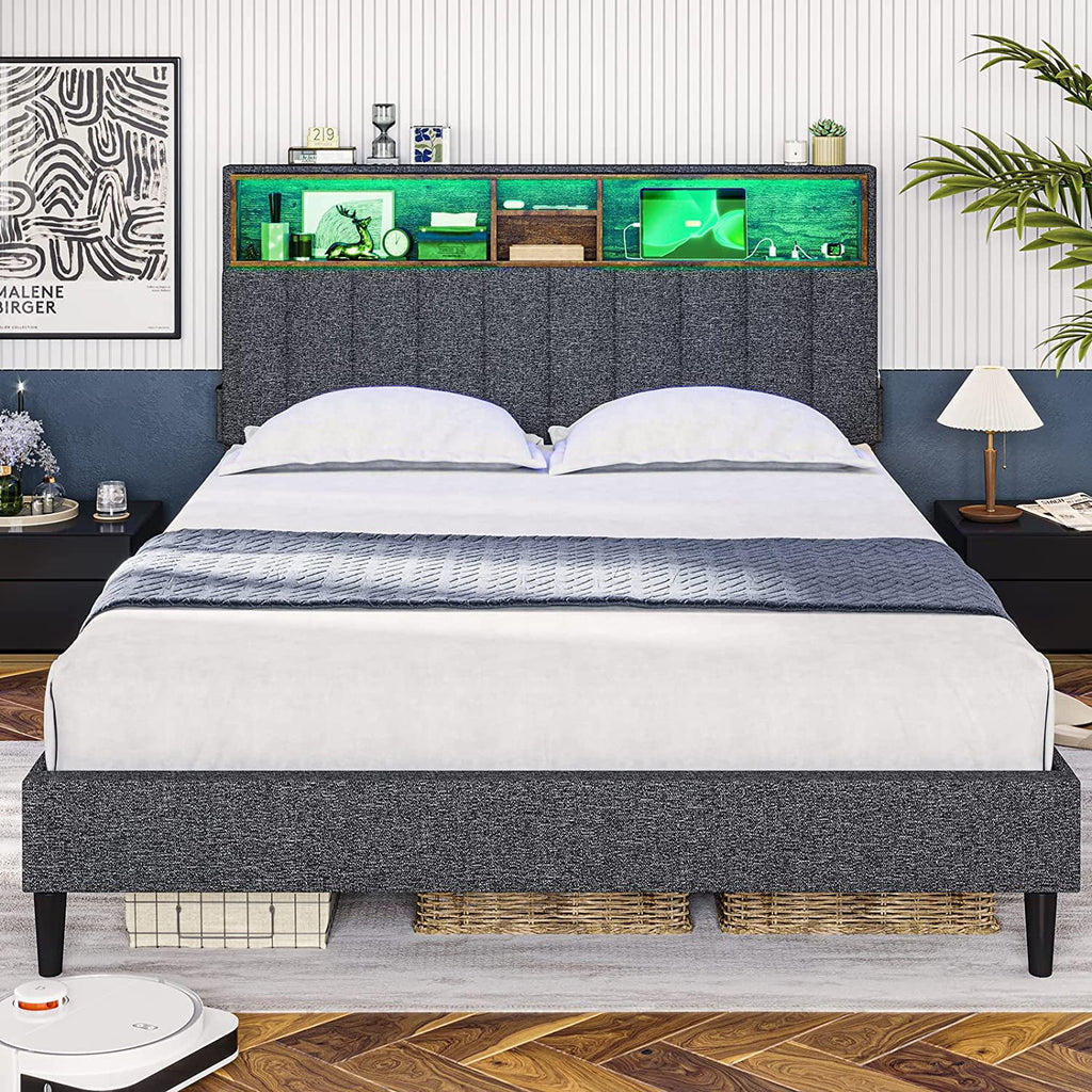 Dark Grey Queen Upholstered Platform Bed Frame with Storage Headboard L74027