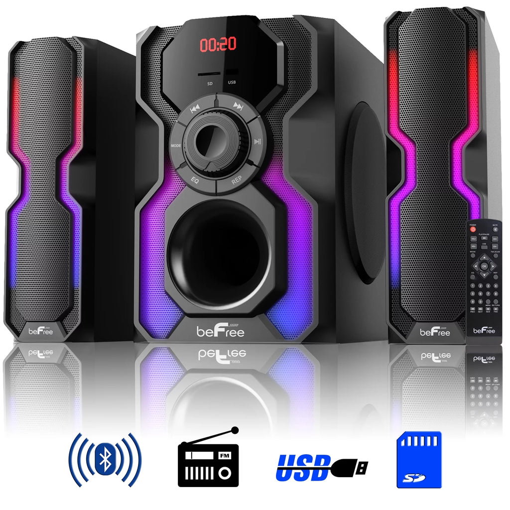 2.1 Channel Bluetooth Wired Speaker Stereo System with LED Lights, FM Radio, USB & SD Inputs - Black & Silver J6848