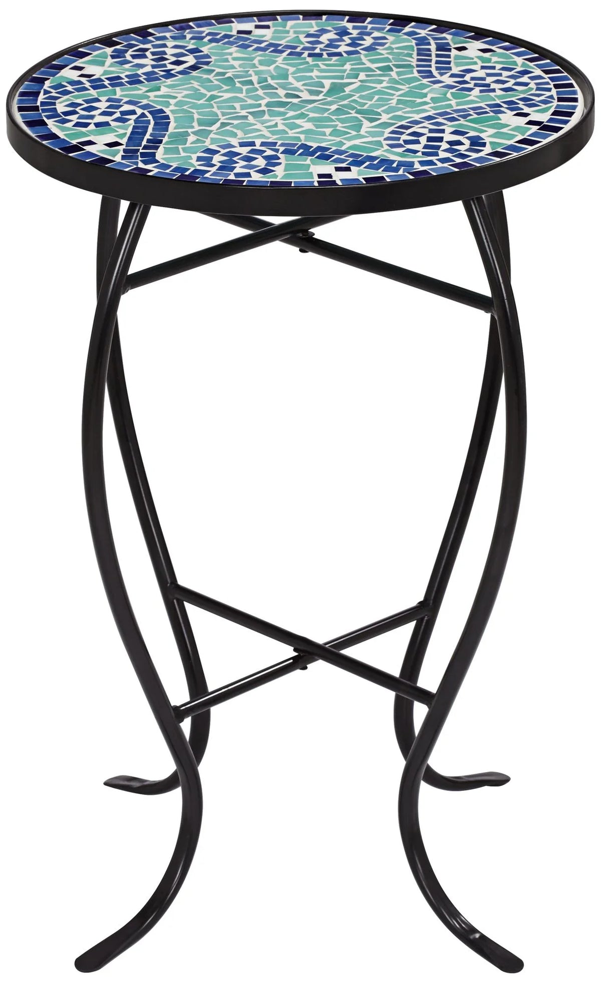 Black Round Outdoor Accent Side Table 14" Wide Light Green Mosaic Tabletop C510