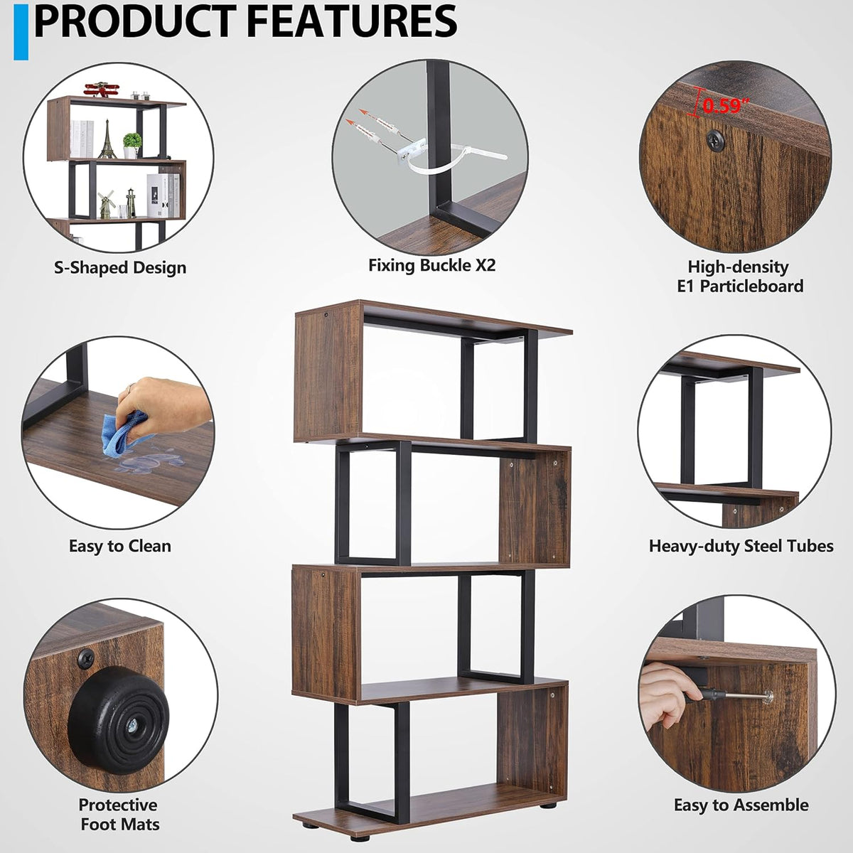 5-Tier S-Shaped Industrial Bookcase E8893
