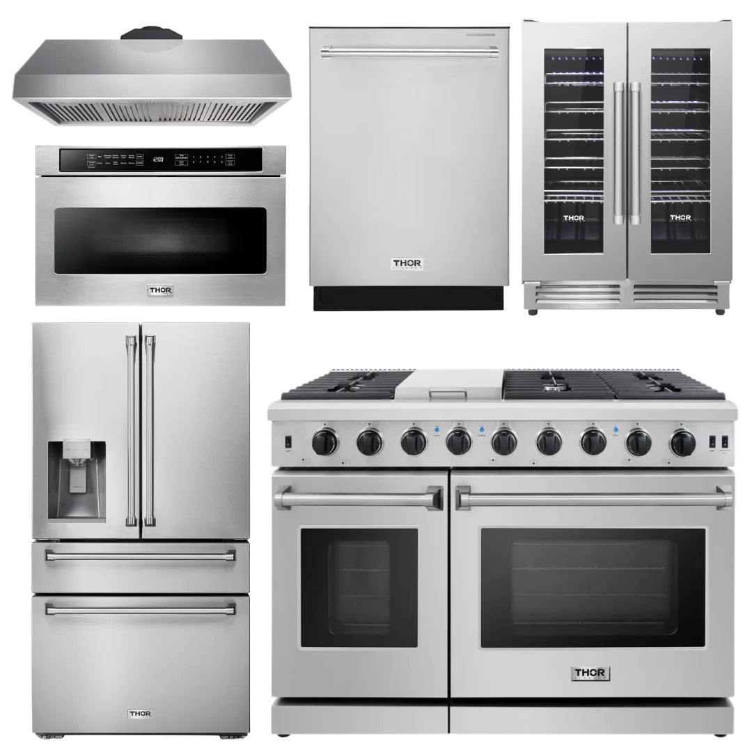 48 Propane Gas Range, Range Hood, Refrigerator with Water & Ice Dispenser, Dishwasher, Wine Cooler, Microwave U605525