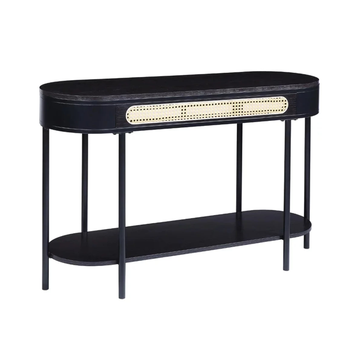 47 Inch Oblong Console Table with Rattan Apron and Metal Legs R682
