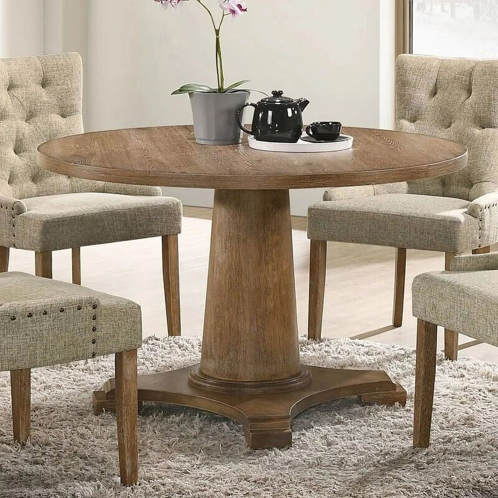 5pc Round Pedestal Dining Set with 4 Beige Tufted Chairs U779