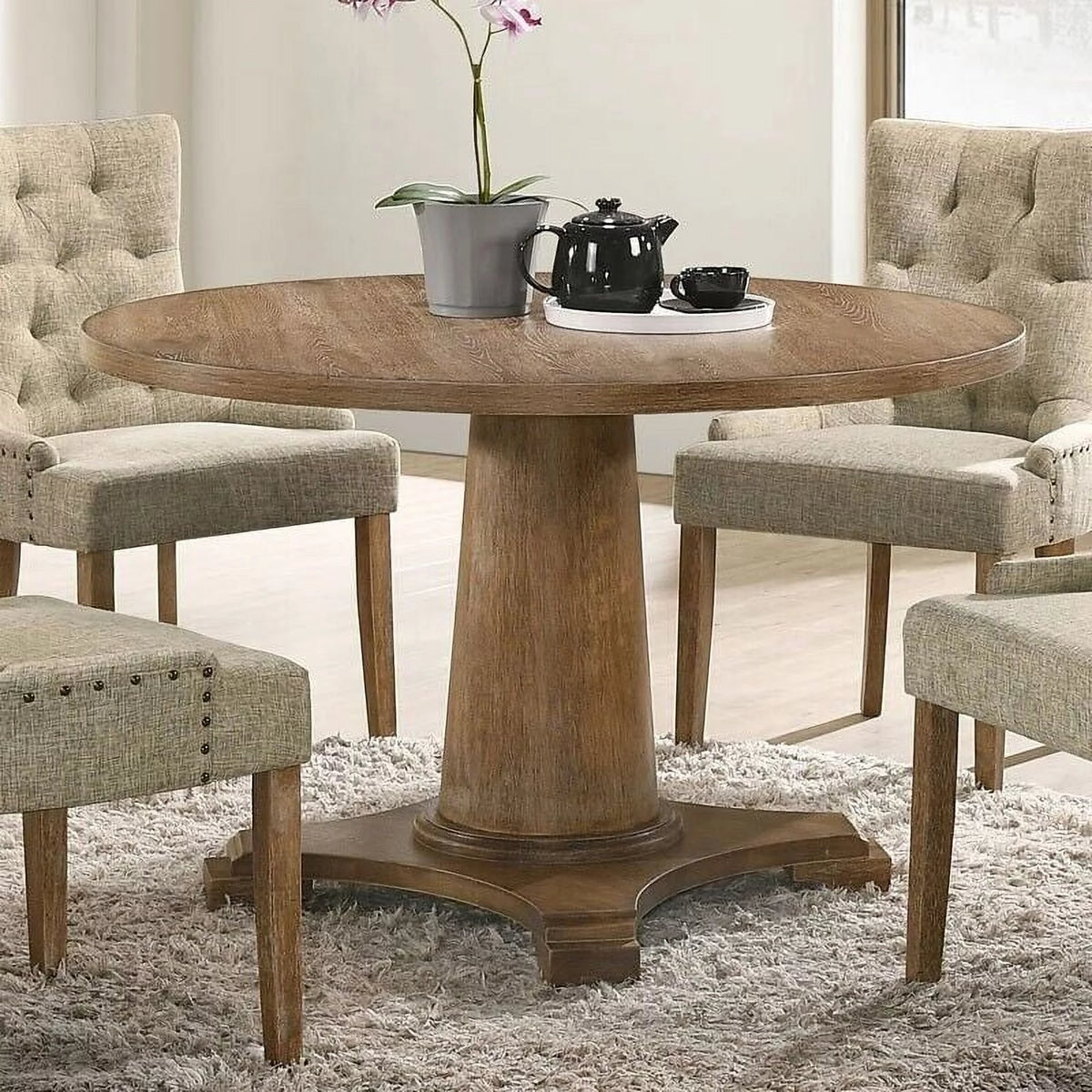 5pc Round Pedestal Dining Set with 4 Beige Tufted Chairs U779