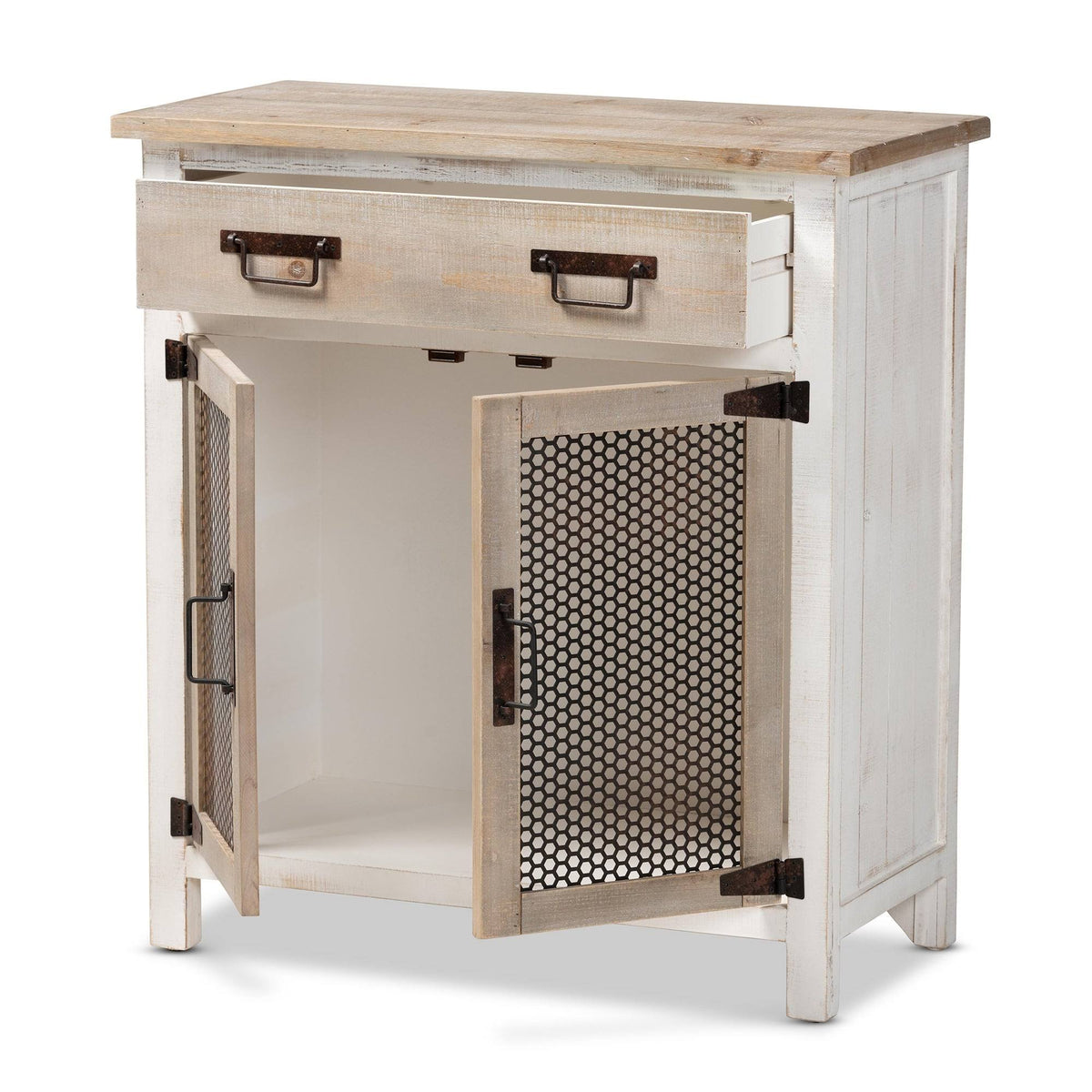 White and Oak Brown Wood 2-Door Storage Cabinet Q579167