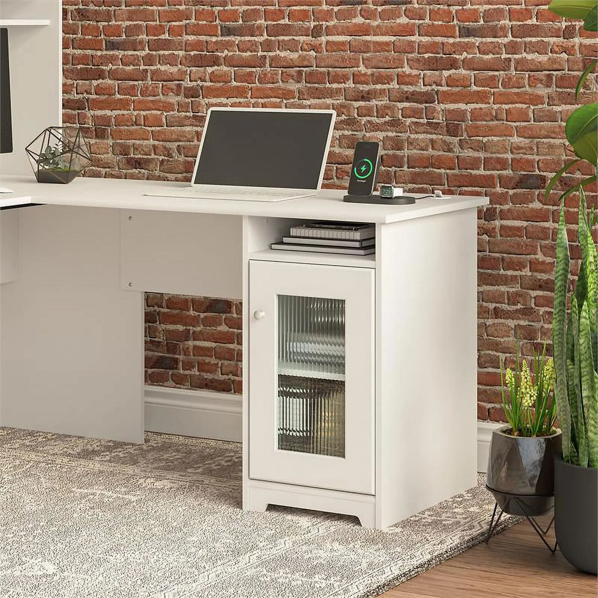 White Engineered Wood Desk with Storage Y545661