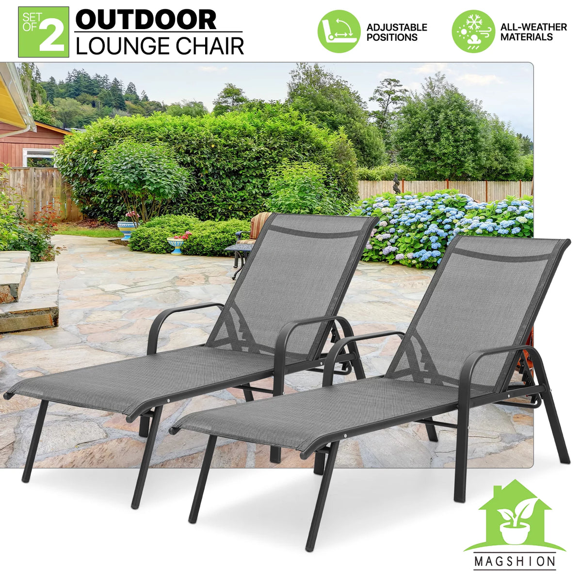 Set of 2 Grey Patio Lounge Chairs with Adjustable Backrest G964
