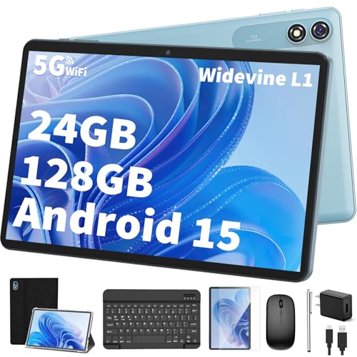 Android 15 Tablet with Keyboard, 26GB+256GB, 10.1 Inch, 8000 mAh, 5G WiFi, Dual Camera, 2 in 1, Black M110