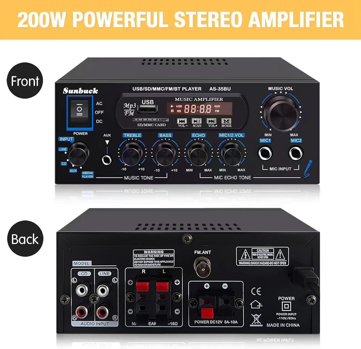 200W Dual Channel Wireless Bluetooth Stereo Amplifier Receiver Z801