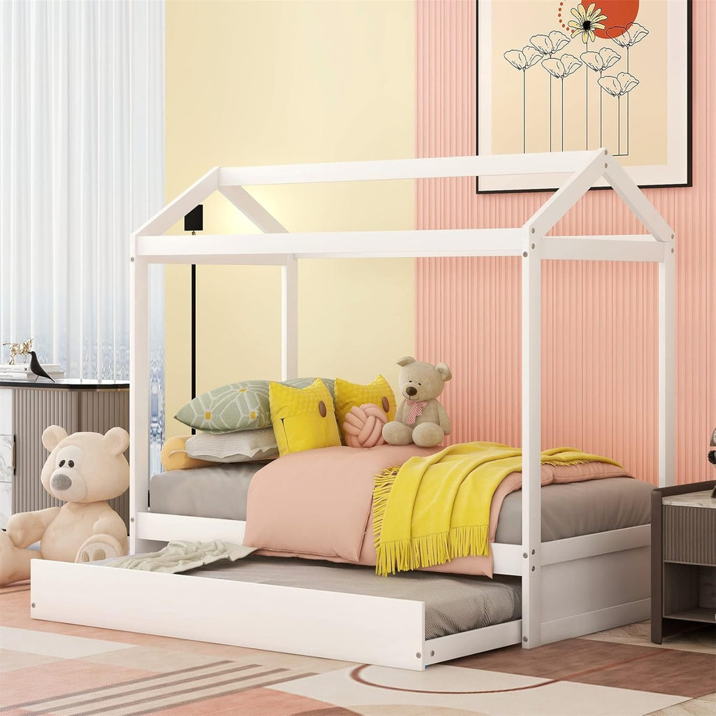 White Twin House Bed with Trundle T149278