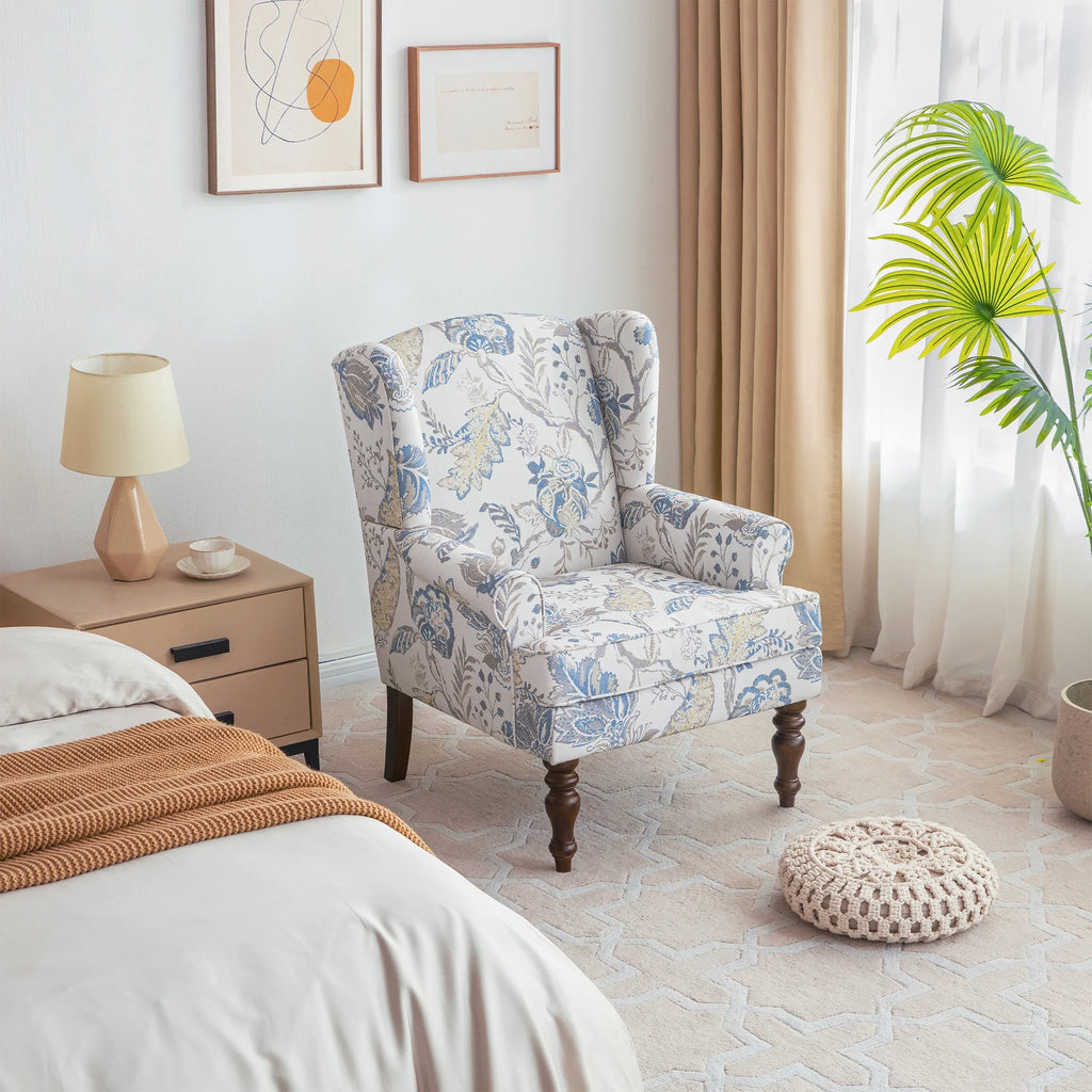 Blue Floral Print Upholstered Wingback Accent Chair with Solid Wood Legs G466580