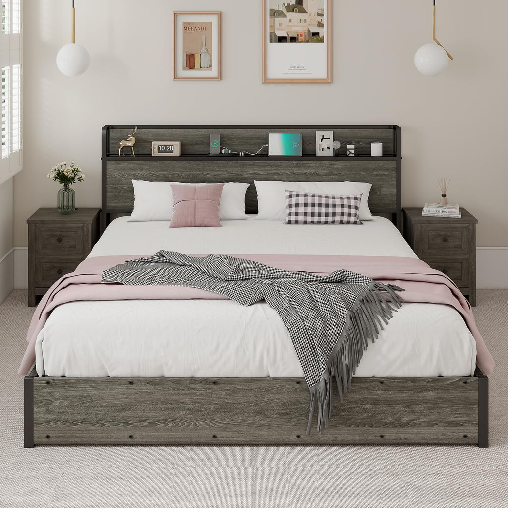 Queen Size Lift up Storage Bed with Charging Station Q476