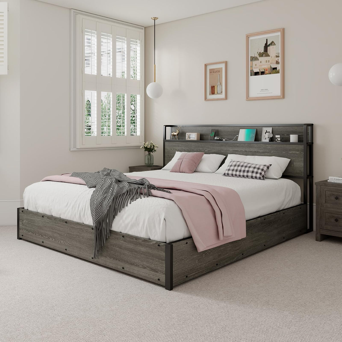 Queen Size Lift up Storage Bed with Charging Station Q476