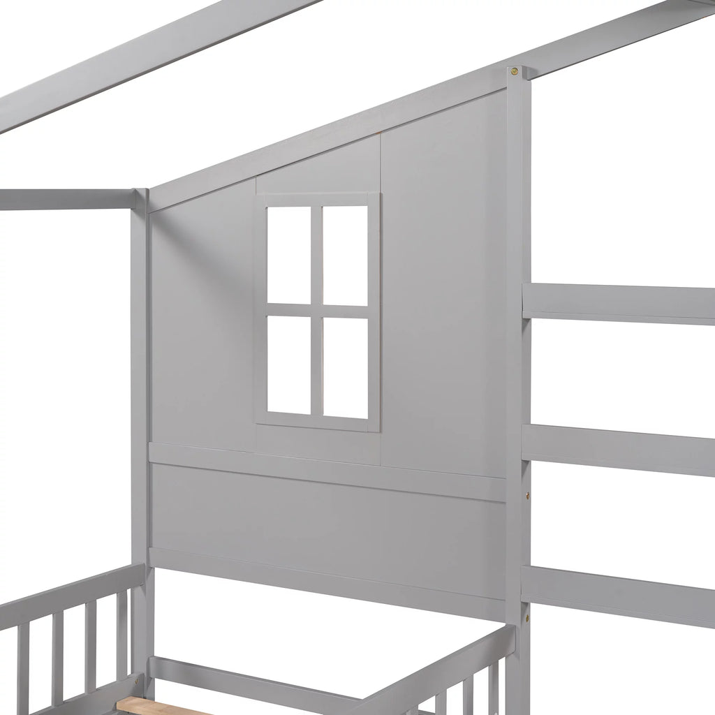 Wood L-Shape Twin Bed Frame with Roof and Fence Railings N73889