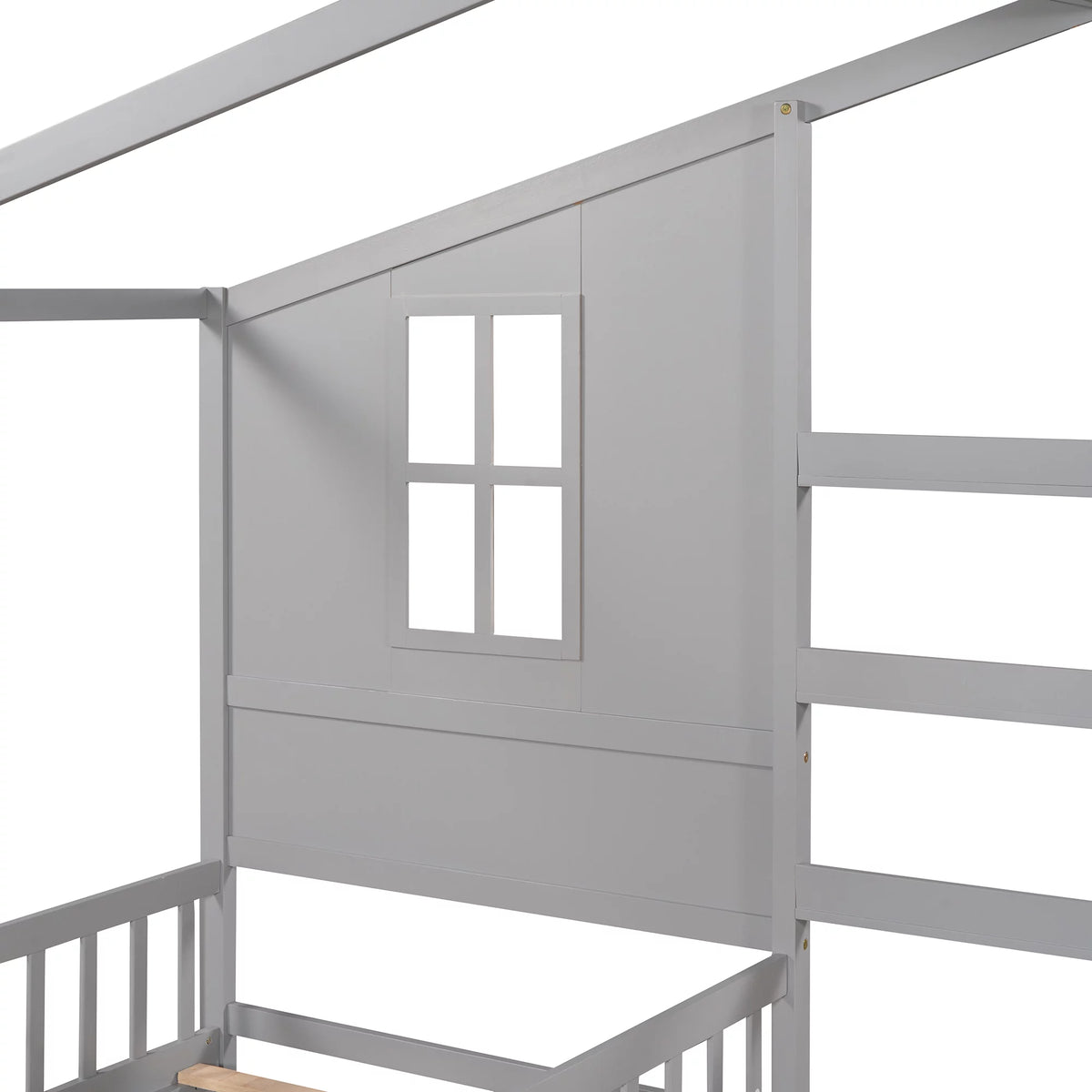 Wood L-Shape Twin Bed Frame with Roof and Fence Railings N73889