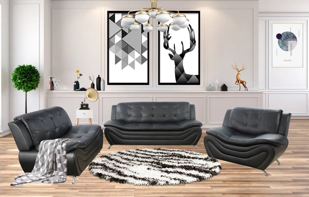 3 Piece Faux Leather Sofa Loveseat and Chair Set Black M1906