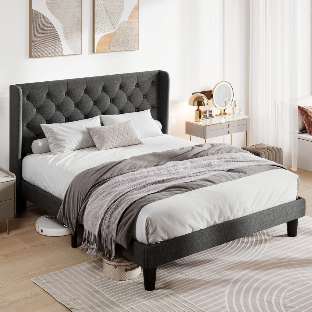 Queen Size Upholstered Platform Bed Frame with Wingback E66466