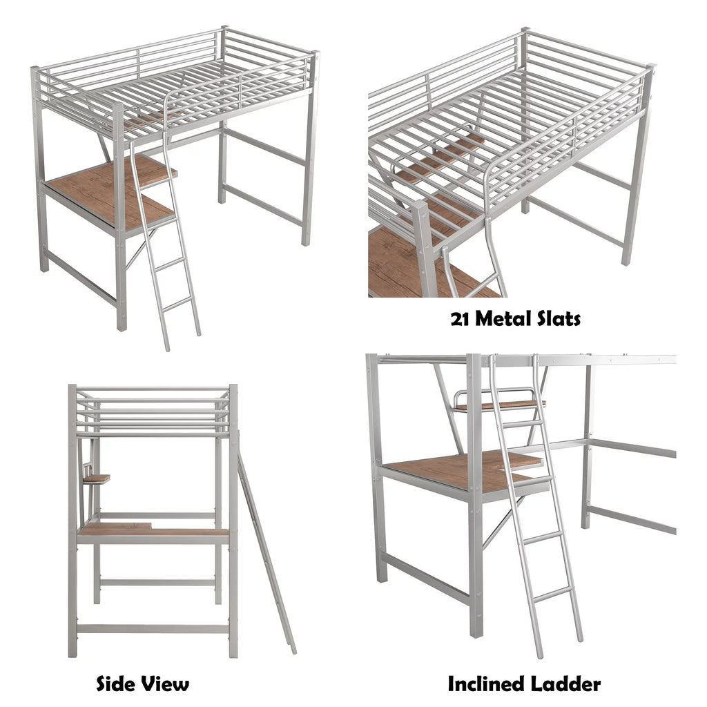 Twin Size Metal Loft Bed with Desk and Storage Shelf D85876