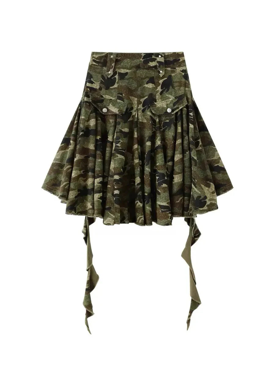 Vintage High Waist Camouflage Asymmetric Midi Skirt J67516