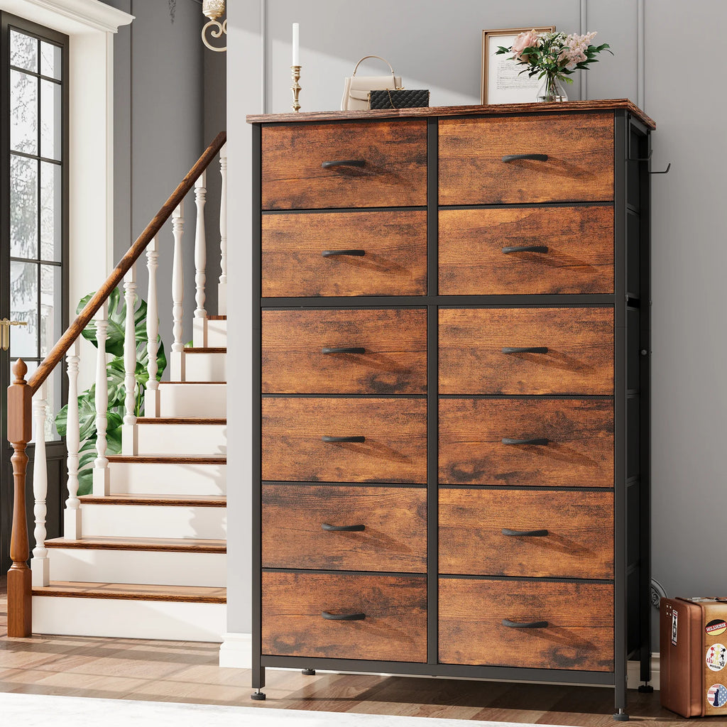 12 Drawer Fabric Dresser with Steel Frame and Wooden Top M7791