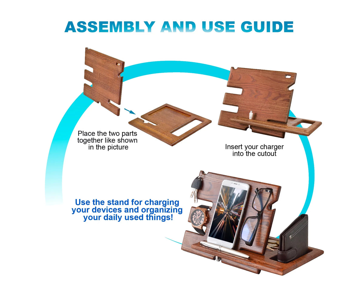 Wood Phone Docking Station Key Holder Wallet Stand Watch Organizer C84080