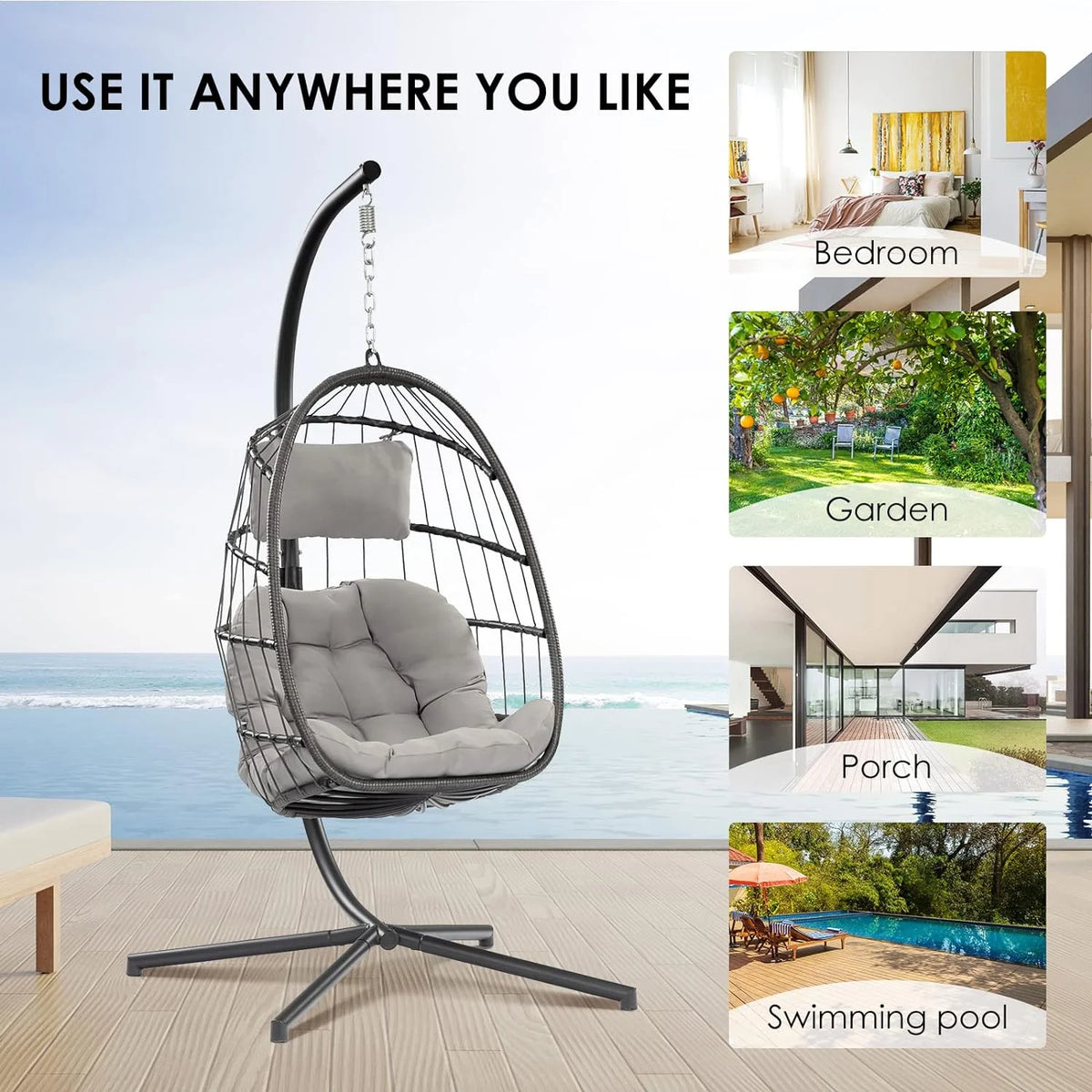 Egg Swing Chair with Bracket Outdoor Rattan Wicker Basket Hammock Chair with Aluminium Steel Frame and UV Cushion E420601
