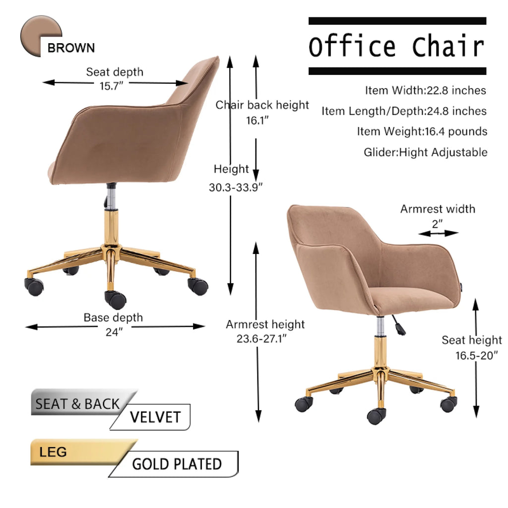 Velvet Adjustable Height Office Chair with Metal Legs and Wheels W864112