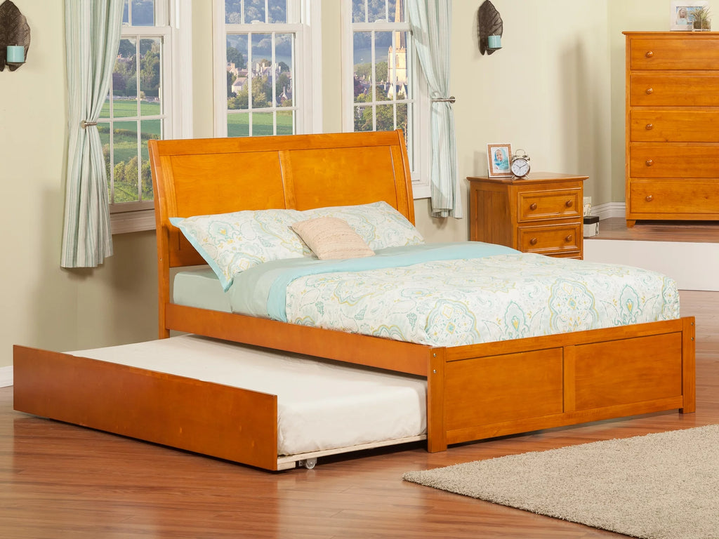 Caramel Wood Sleigh Platform Bed with Footboard and Twin Trundle O975