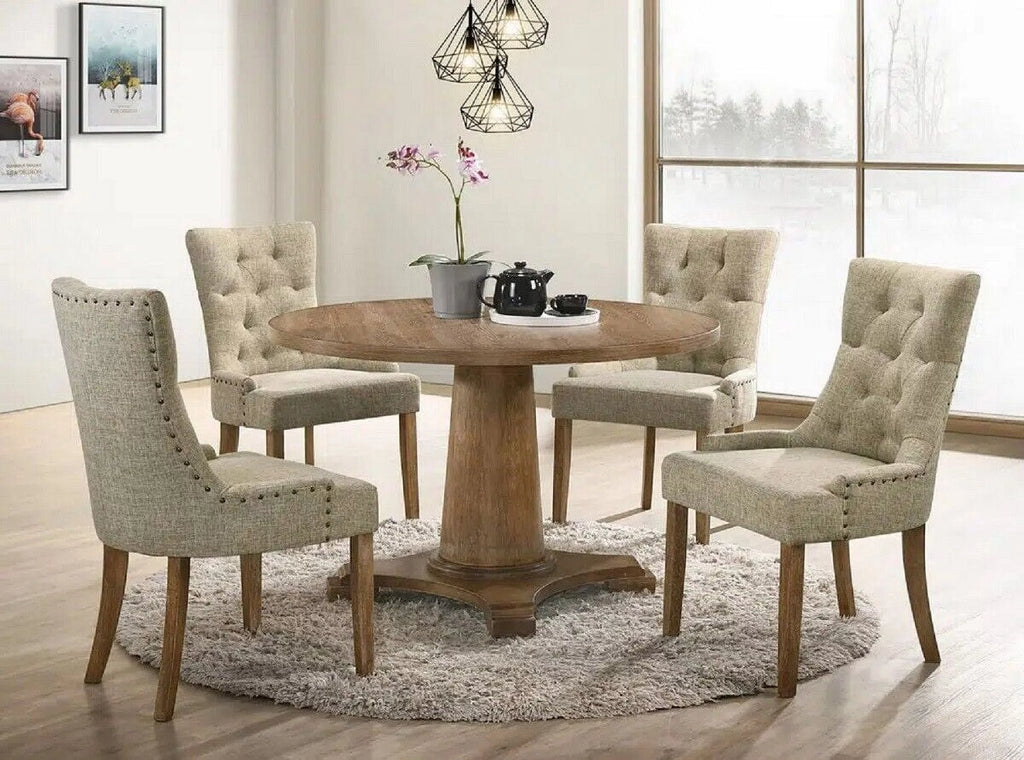 5pc Round Pedestal Dining Set with 4 Beige Tufted Chairs U779
