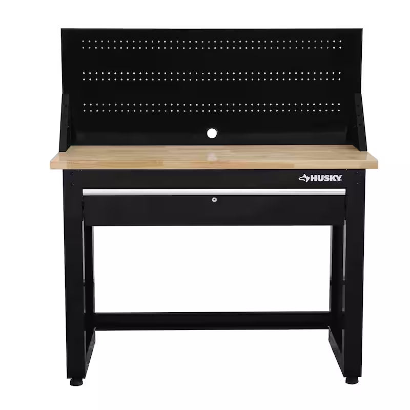 Black Solid Wood Top Workbench with Pegboard and 1 Drawer V3184