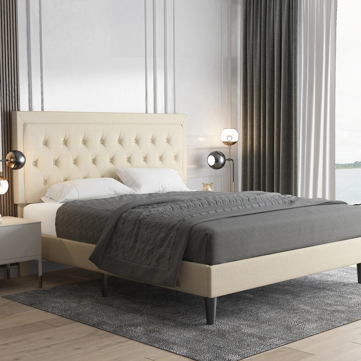 Queen Size Upholstered Platform Bed with Adjustable Headboard I225123