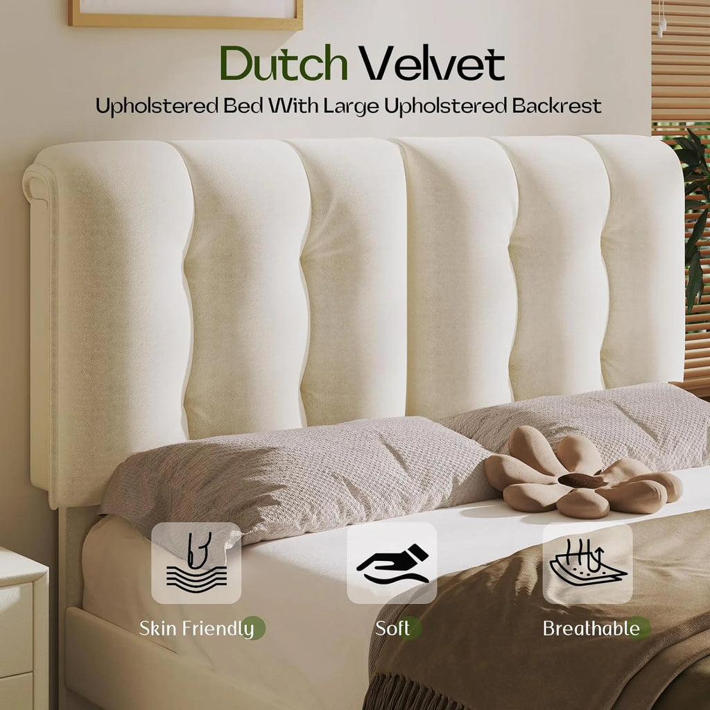 Queen Velvet Upholstered Platform Bed with Adjustable Headboard K9342