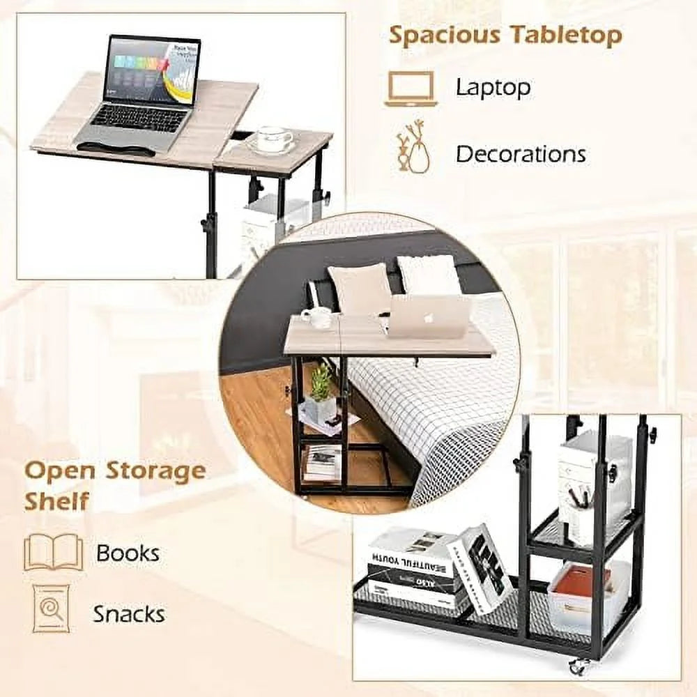 Height Adjustable C Shaped End Table with Wheels and Shelves L435025