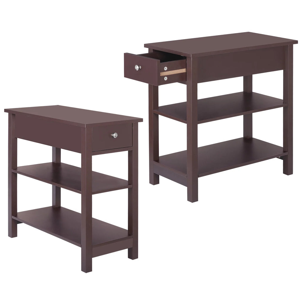 2 Pack 3-Tier Narrow MDF End Table with Drawer & Storage Shelf H55133