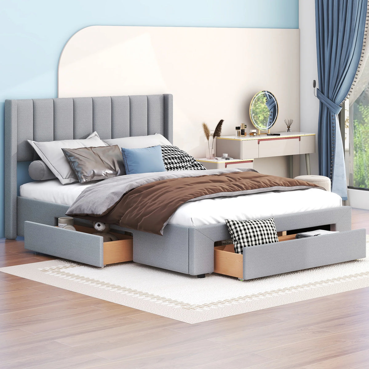 Queen Size Upholstery Platform Bed with Three Storage Drawers G94010