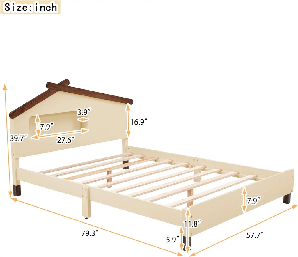 Full Size Wood Platform Bed Frame with House-Shaped Headboard and Night Lights L365829